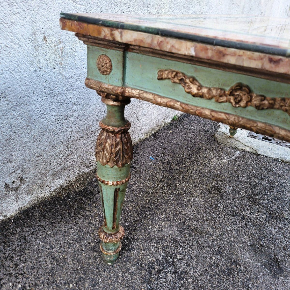photo for sale Coffee Table In Marble Marquetry And Lacquered Wood, Late 19th/Early 20th Century