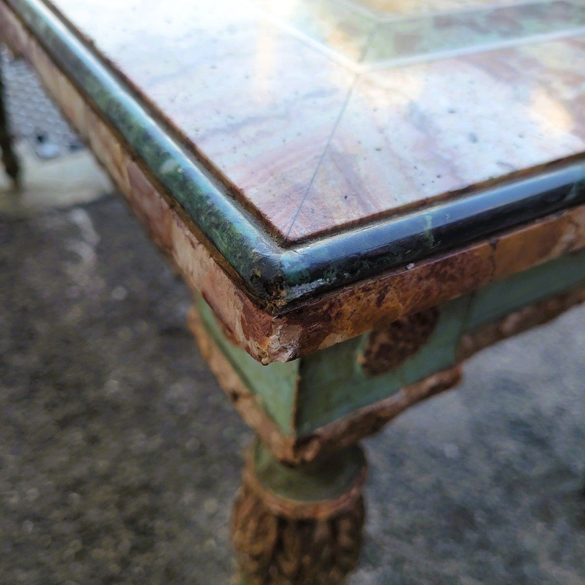 Furniture Coffee Table In Marble Marquetry And Lacquered Wood, Late 19th/Early 20th Century photo