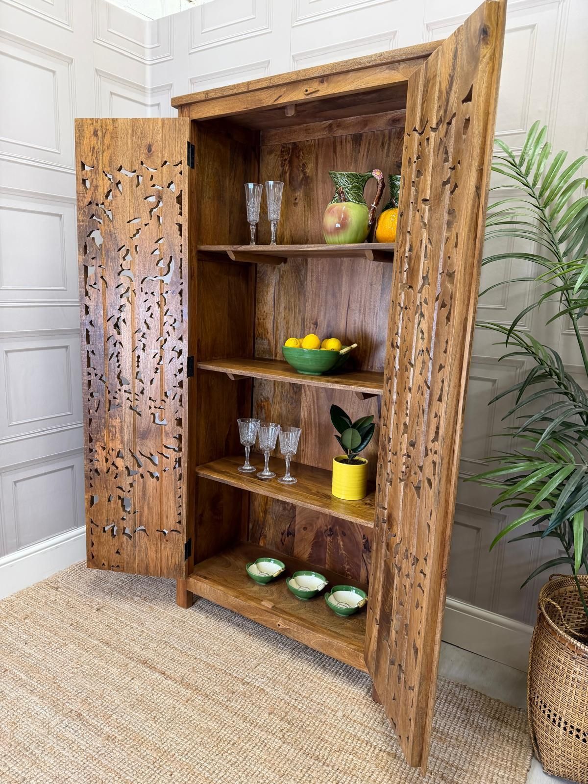 Hand Carved Mango Wood Cabinet With Peacock And Flower Design In A Natural Finish. photo Furniture