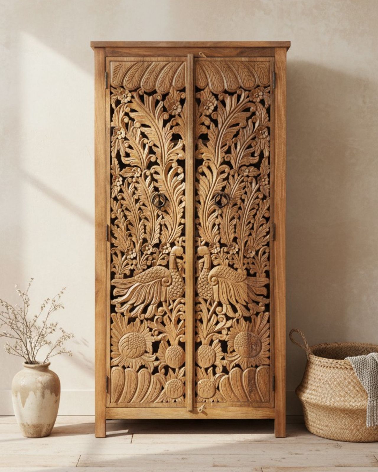 Hand Carved Mango Wood Cabinet With Peacock And Flower Design In A Natural Finish. photo 1095.0