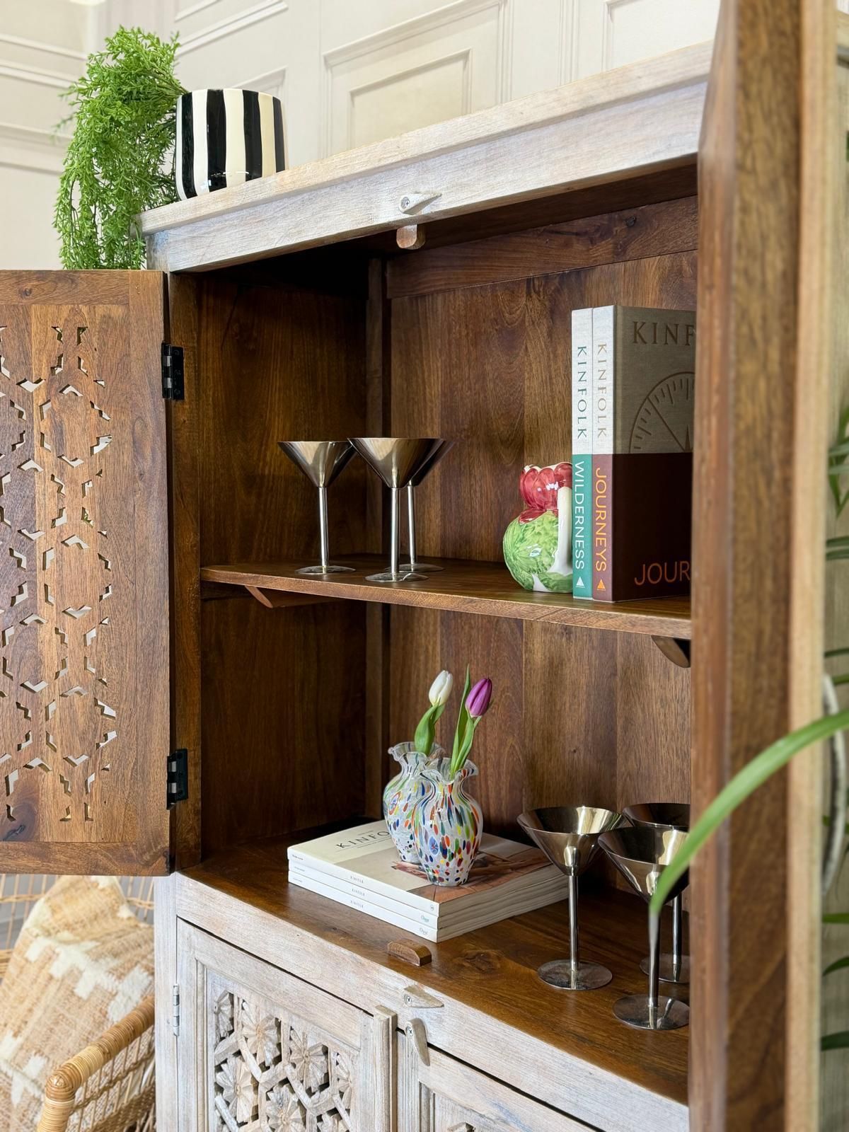 Cream Washed Mango Wood Wardrobe, Hand Carved Jali Design With Internal Shelves photo for sale