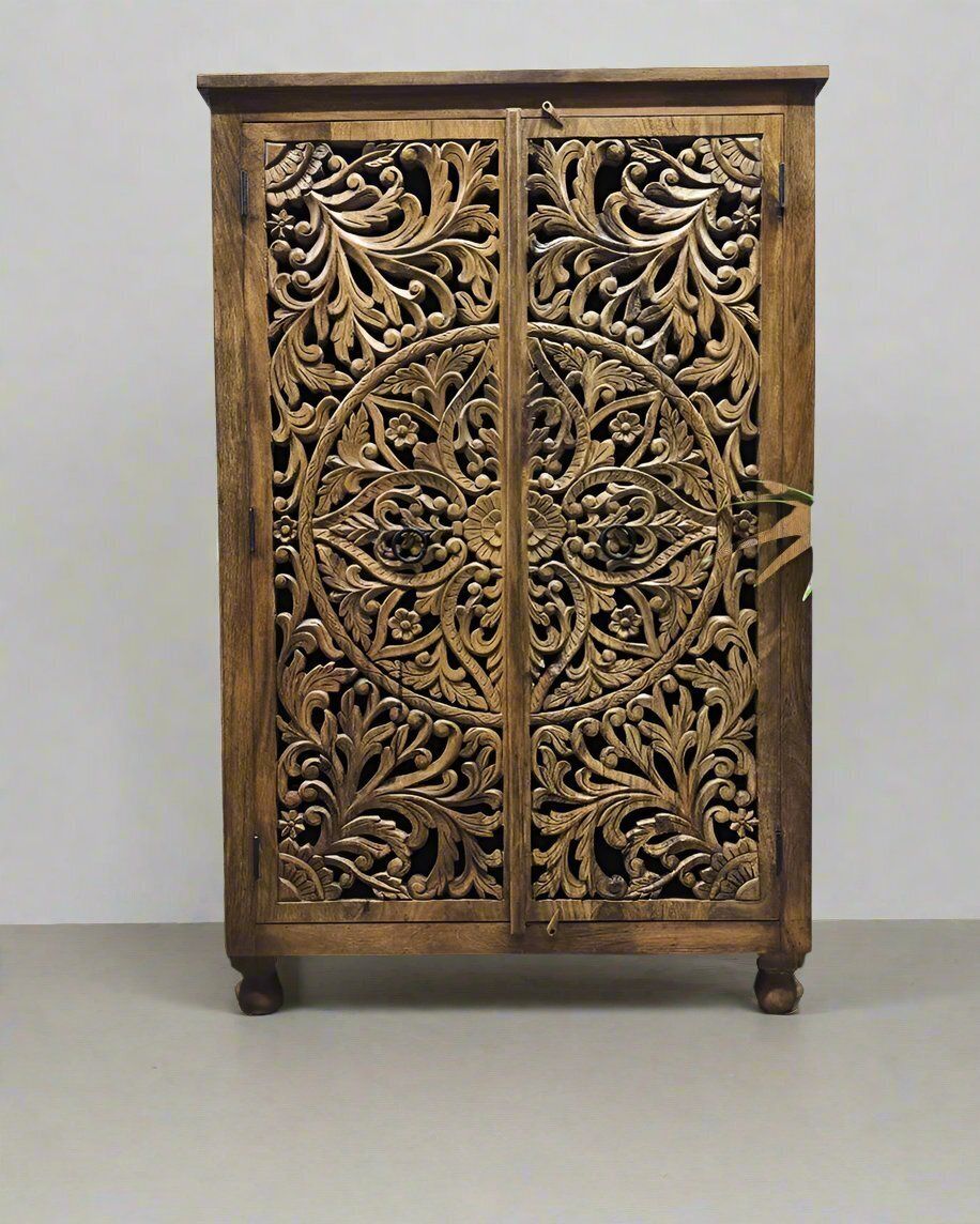 Hand Carved Mango Wood Wardrobe – Natural Polished Finish With Floral Detailing photo furniture