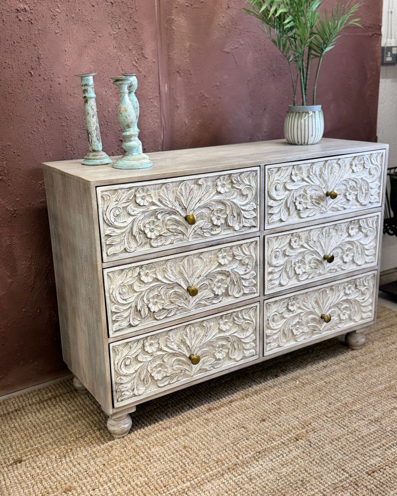 Hand Carved Mango Wood 6 Drawer Chest Of Drawers photo for sale