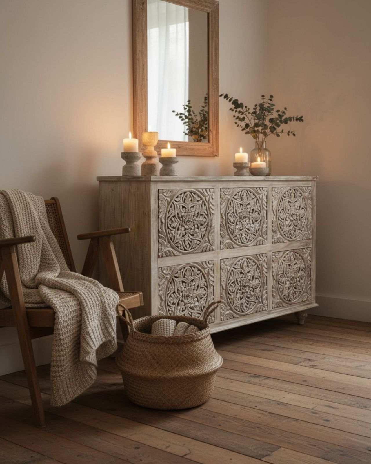 Six Drawer Mango Wood Chest Of Drawers – Creamwashed Floral Carving photo furniture