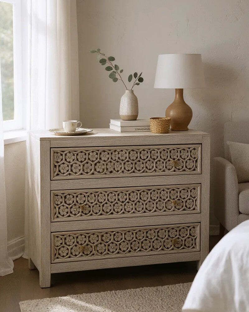 Hand Carved Mango Wood Three Drawer Chest – Jali Design In Creamwash Finish photo Furniture