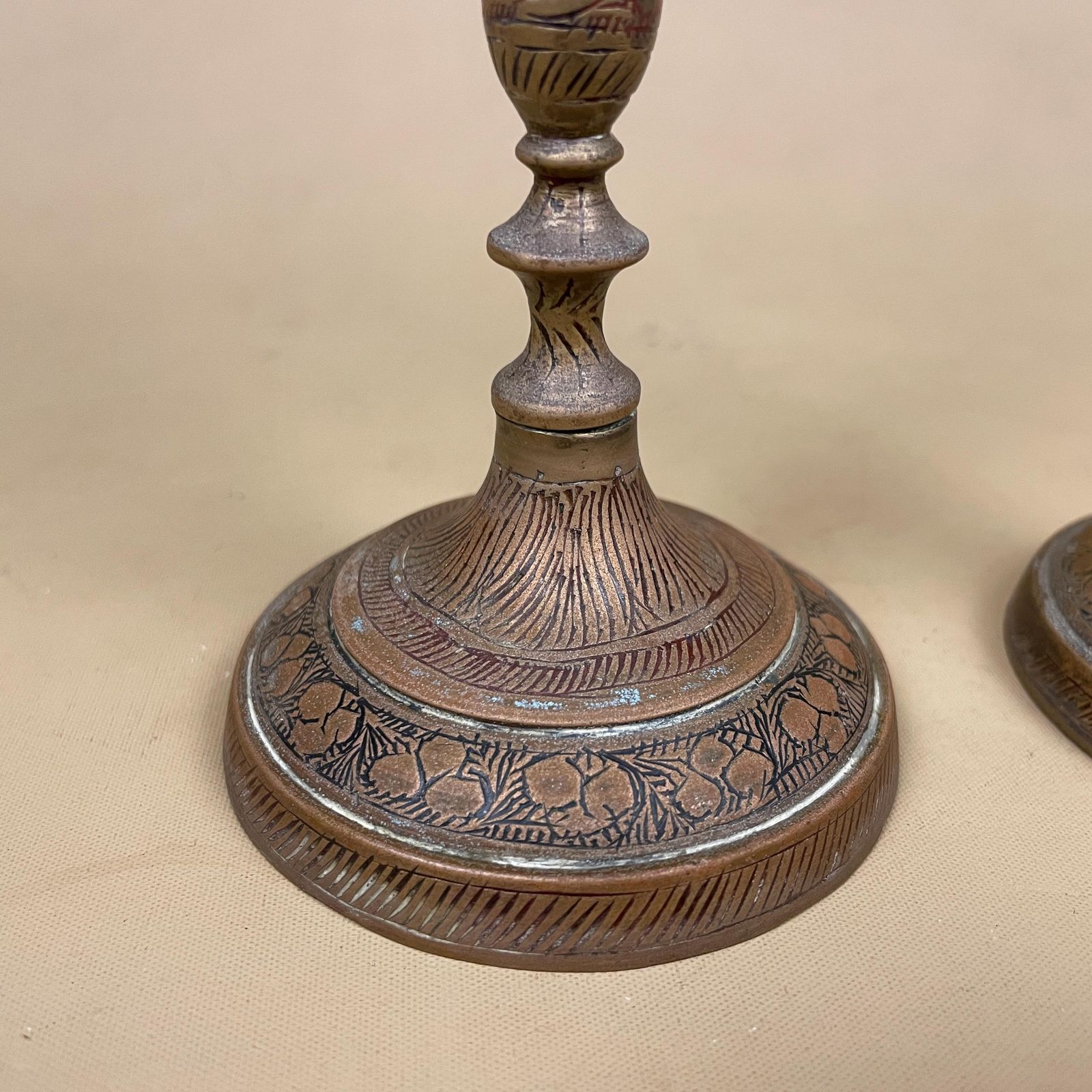 Antique Matching Pair Of Gold Brass Metal Candlestick Candle Stick Holders Holder Vintage Round Taper Dinner Candlesticks Engraved Indian photo vinterior
