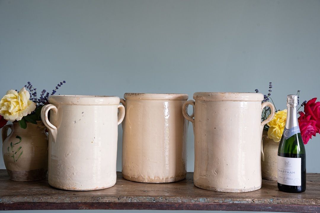 Trio 19th Century Large Italian Cream Glazed Pots