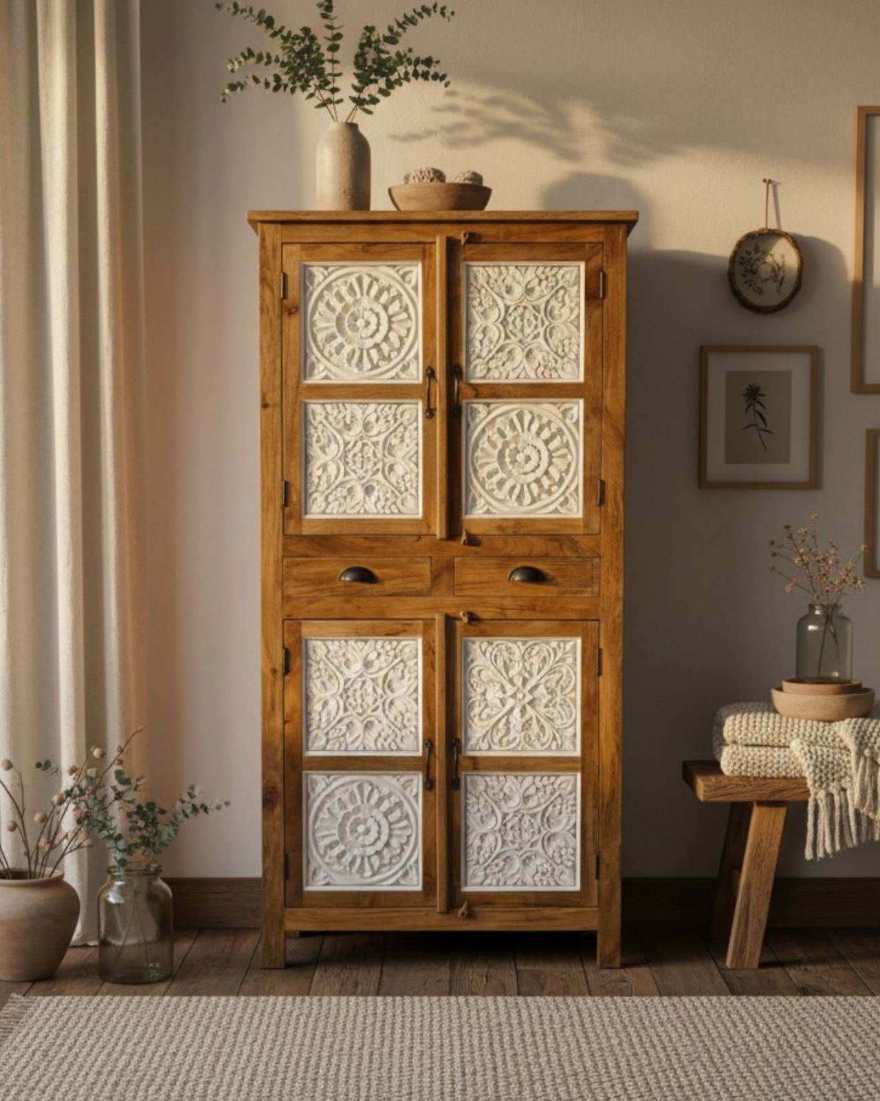 Mangohout vierdeurs armoire, witgekalkte gesneden panelen en natuurlijk gepolijst frame photo vinterior