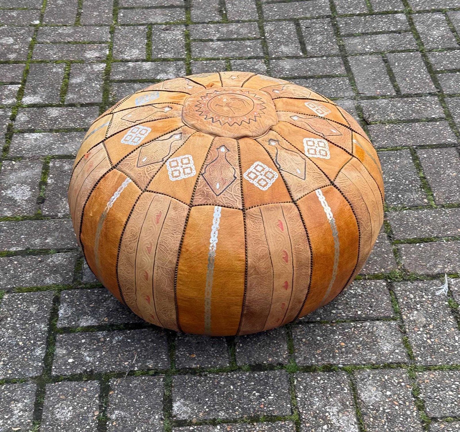 Authentic Vintage Moroccan Tan Leather Pouffe Pouf Ottoman Boho Floor Cushion Footstool