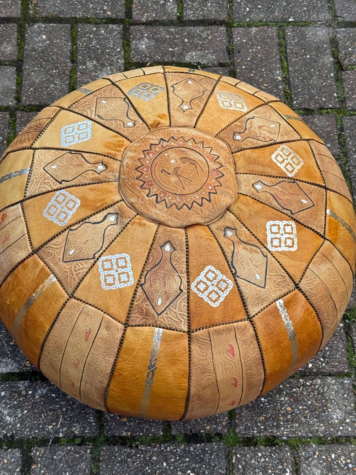 photo for sale Authentic Vintage Moroccan Tan Leather Pouffe Pouf Ottoman Boho Floor Cushion Footstool