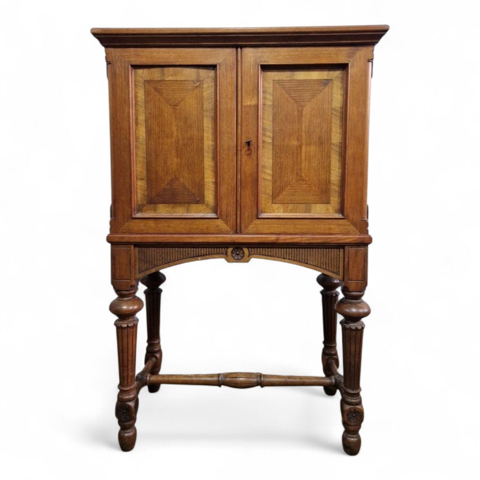 Antique Continental Side Cabinet / Lnlaid + Carved Double Door Cupboard On Stand photo for sale