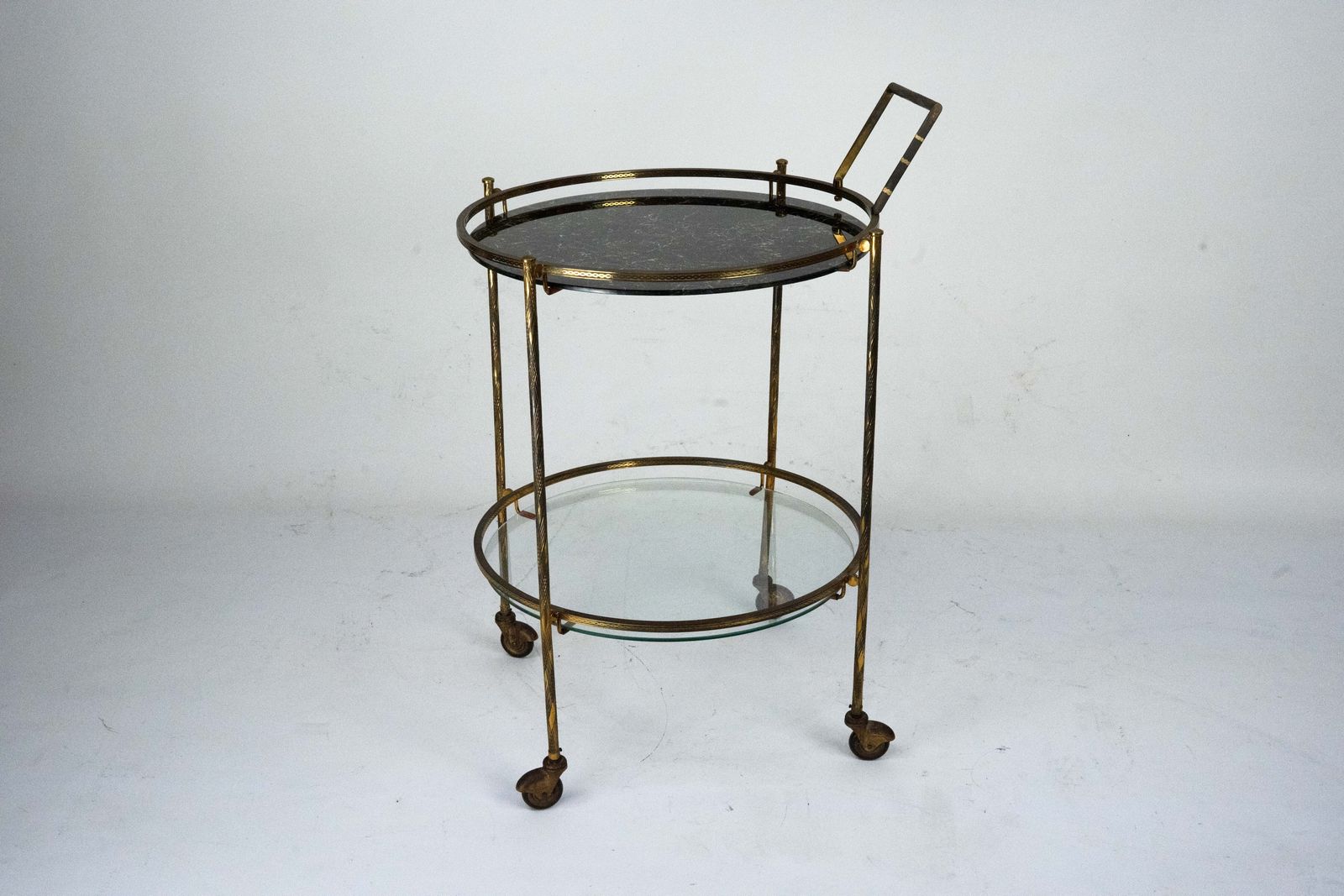 Round Mid Century Brass And Marble Effect Glass Bar Cart. Italy 1950s