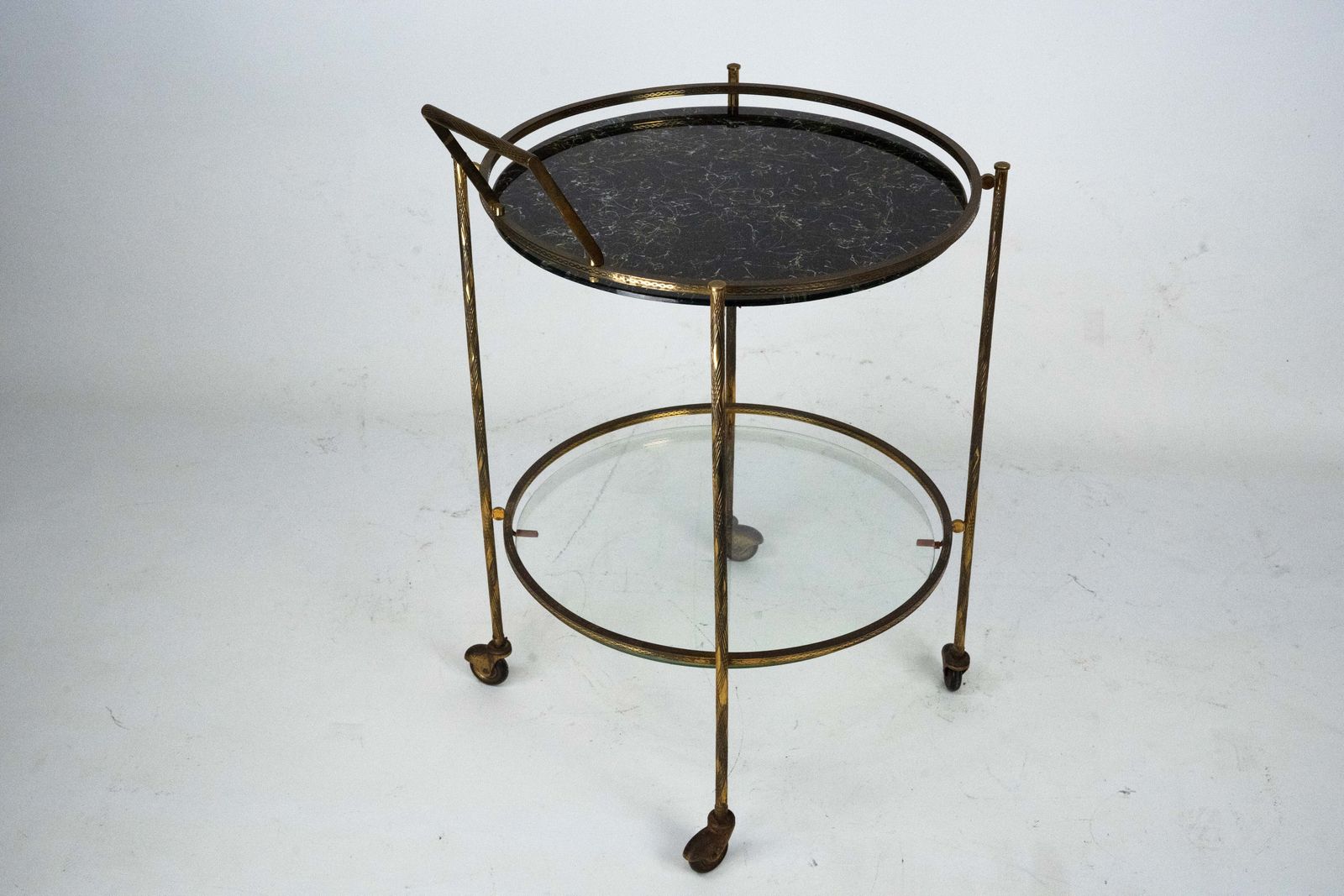 photo buy Round Mid Century Brass And Marble Effect Glass Bar Cart. Italy 1950s