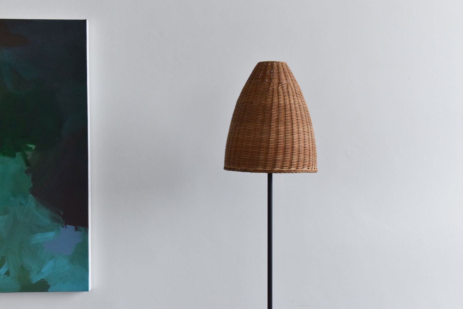 Vintage Ikea 'Trubadur' Metal Black Floor Lamp With 'Bäk' Rattan Lampshade