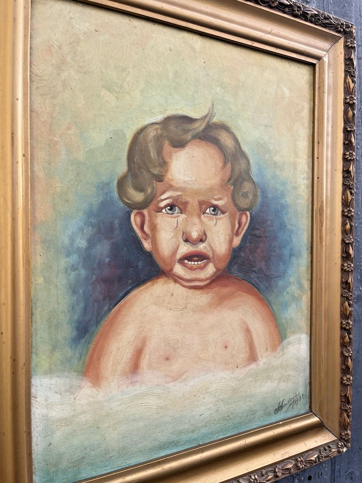 Antique C1937 French Comical Angry Crying Baby Portrait Painting Oil Gouache photo furniture