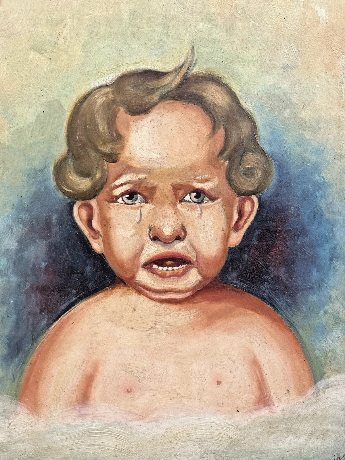 Antique C1937 French Comical Angry Crying Baby Portrait Painting Oil Gouache photo Art