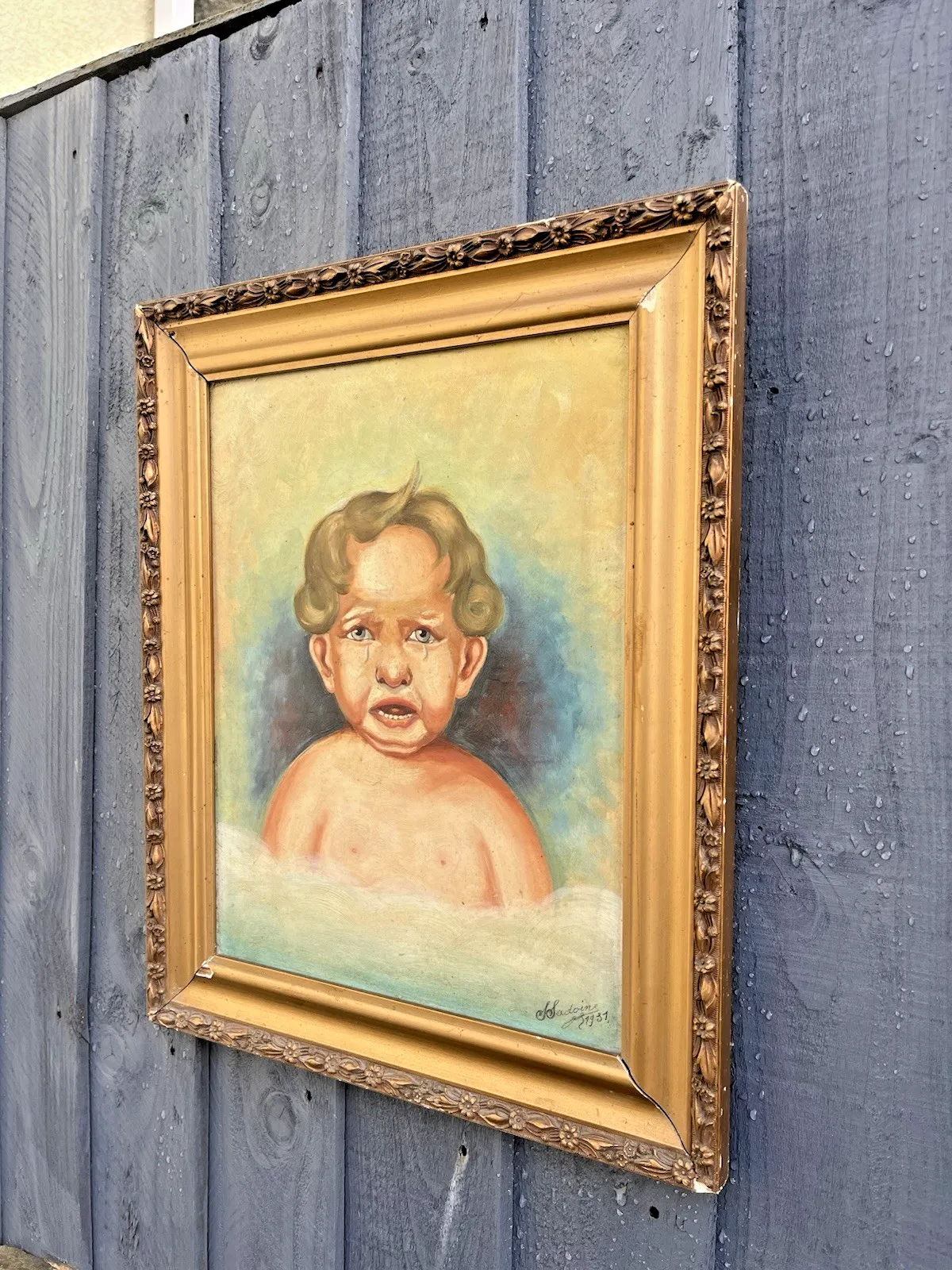 Antique C1937 French Comical Angry Crying Baby Portrait Painting Oil Gouache photo vinterior