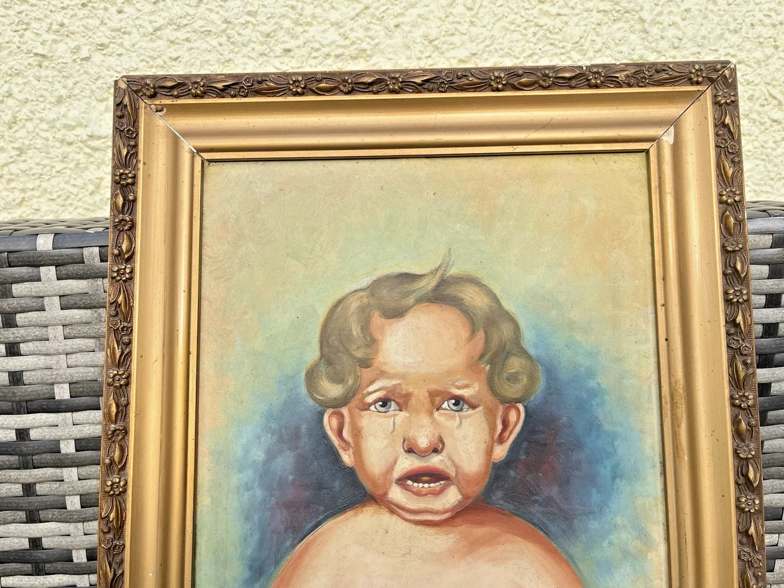 Antique C1937 French Comical Angry Crying Baby Portrait Painting Oil Gouache photo vintage