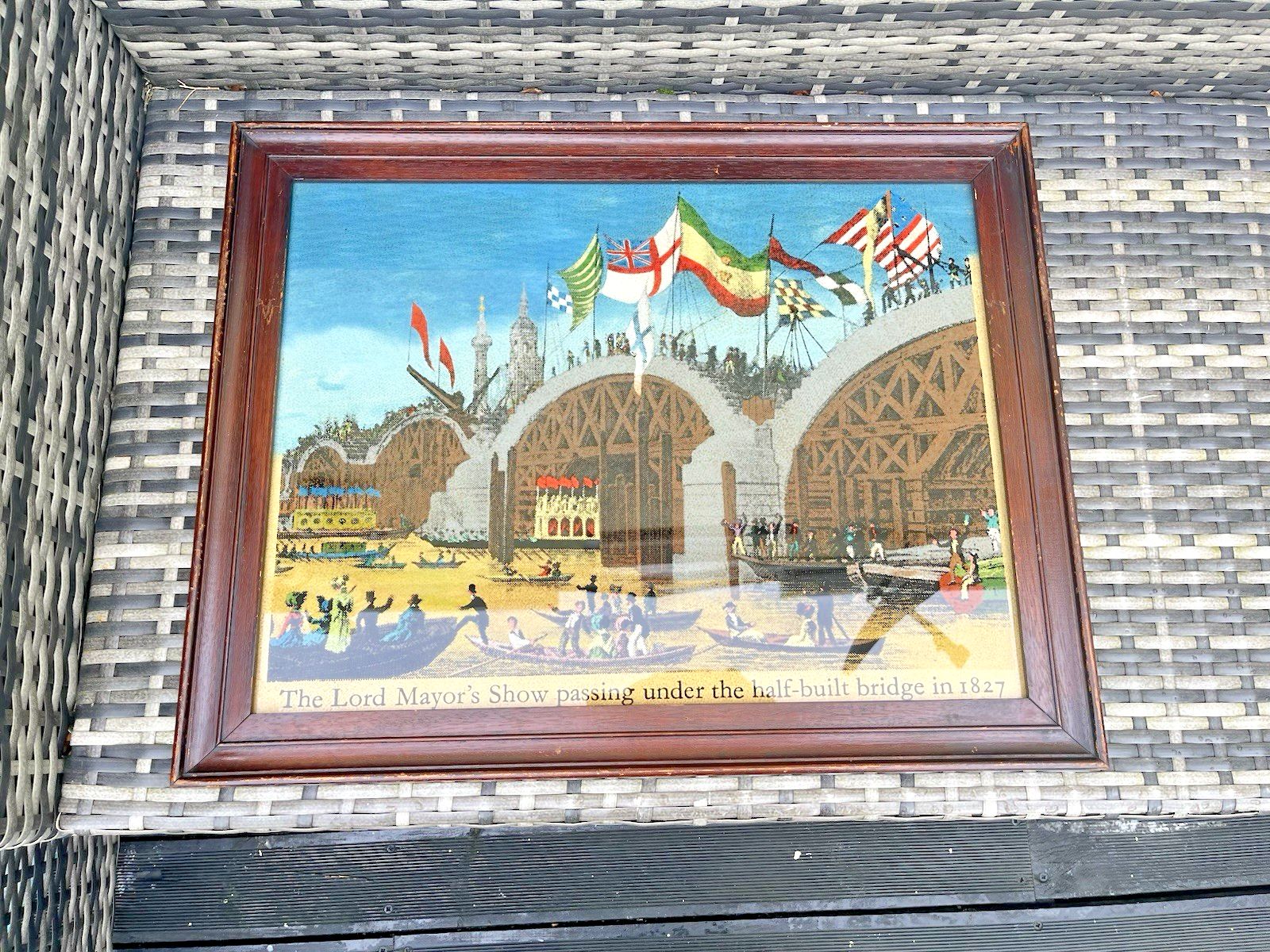 Large Framed Antique Lord Mayors Show Old New London Bridge Print Flags Thames photo Art