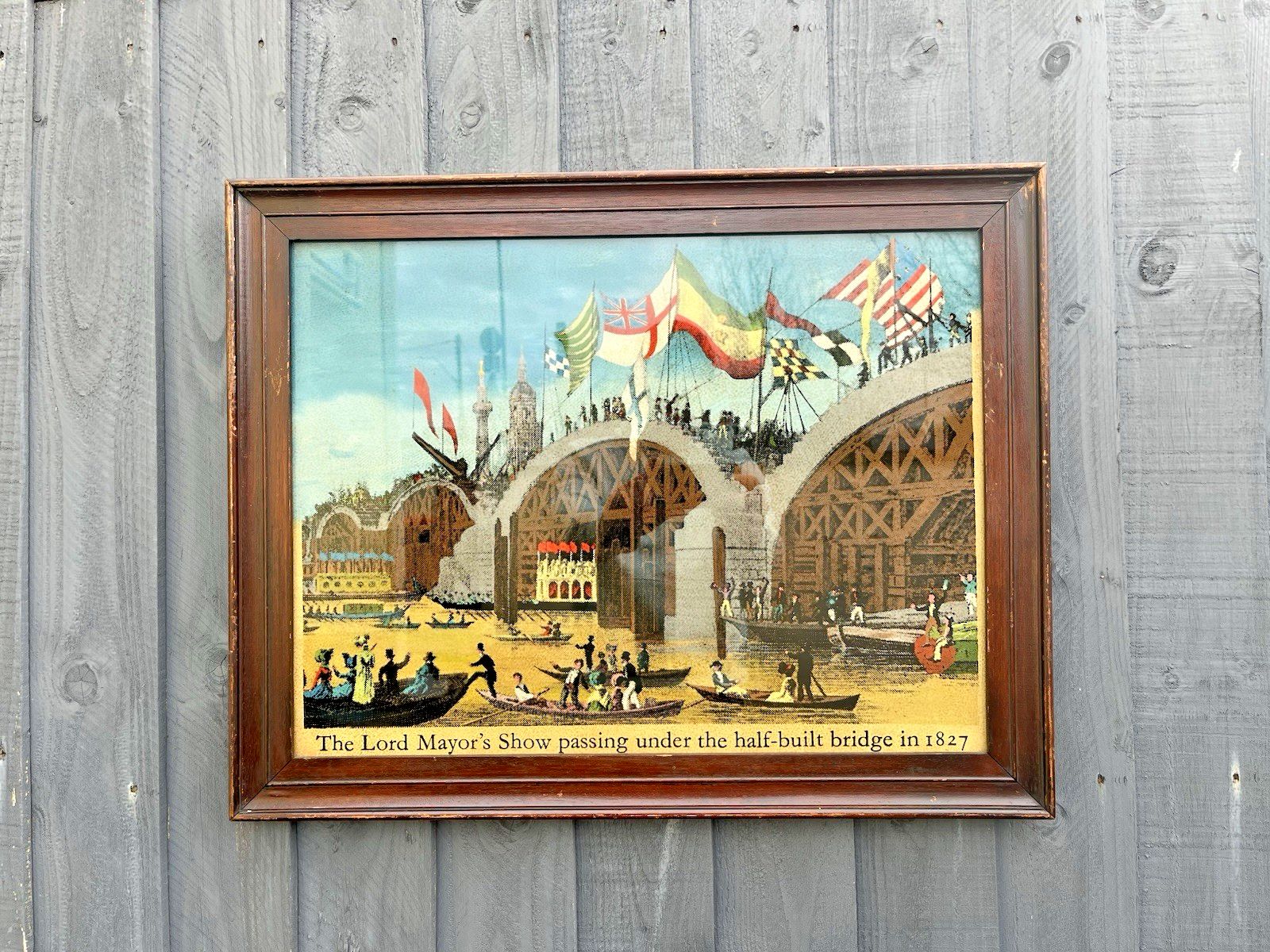 Large Framed Antique Lord Mayors Show Old New London Bridge Print Flags Thames photo vinterior