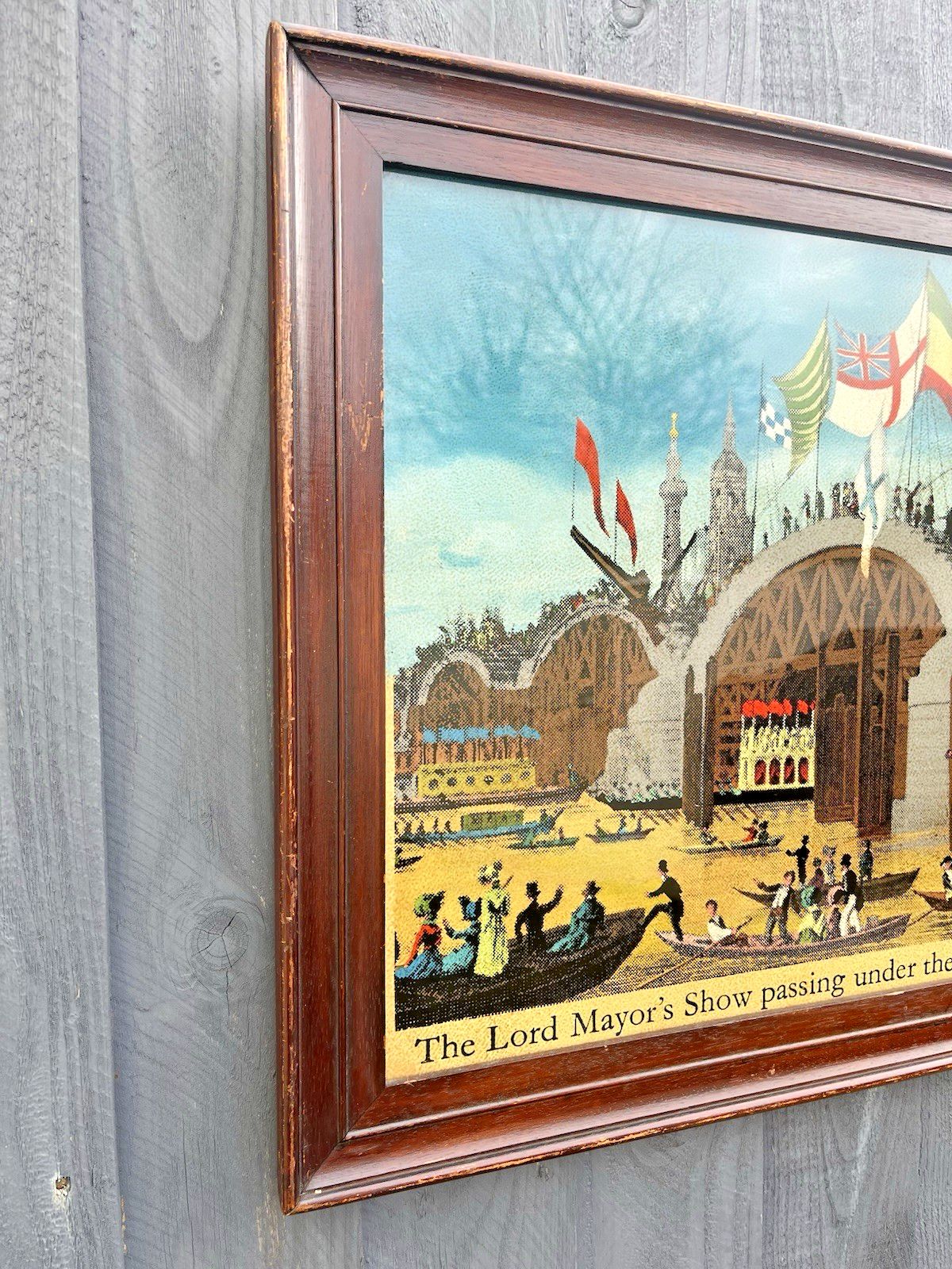 Large Framed Antique Lord Mayors Show Old New London Bridge Print Flags Thames photo buy