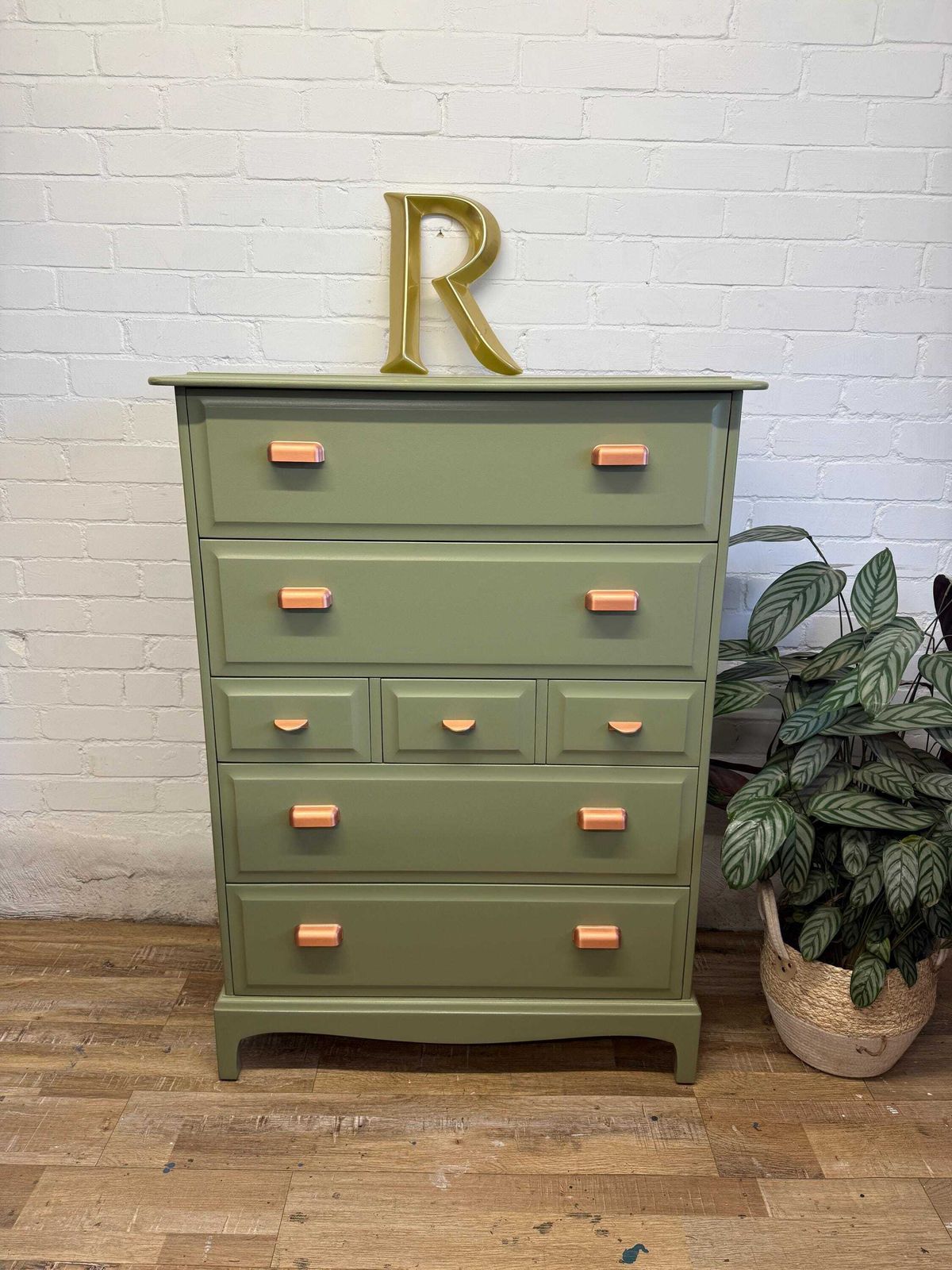 Stag Minstrel 7 Drawer Tallboy Painted To Order In Farrow & Ball Olive photo furniture