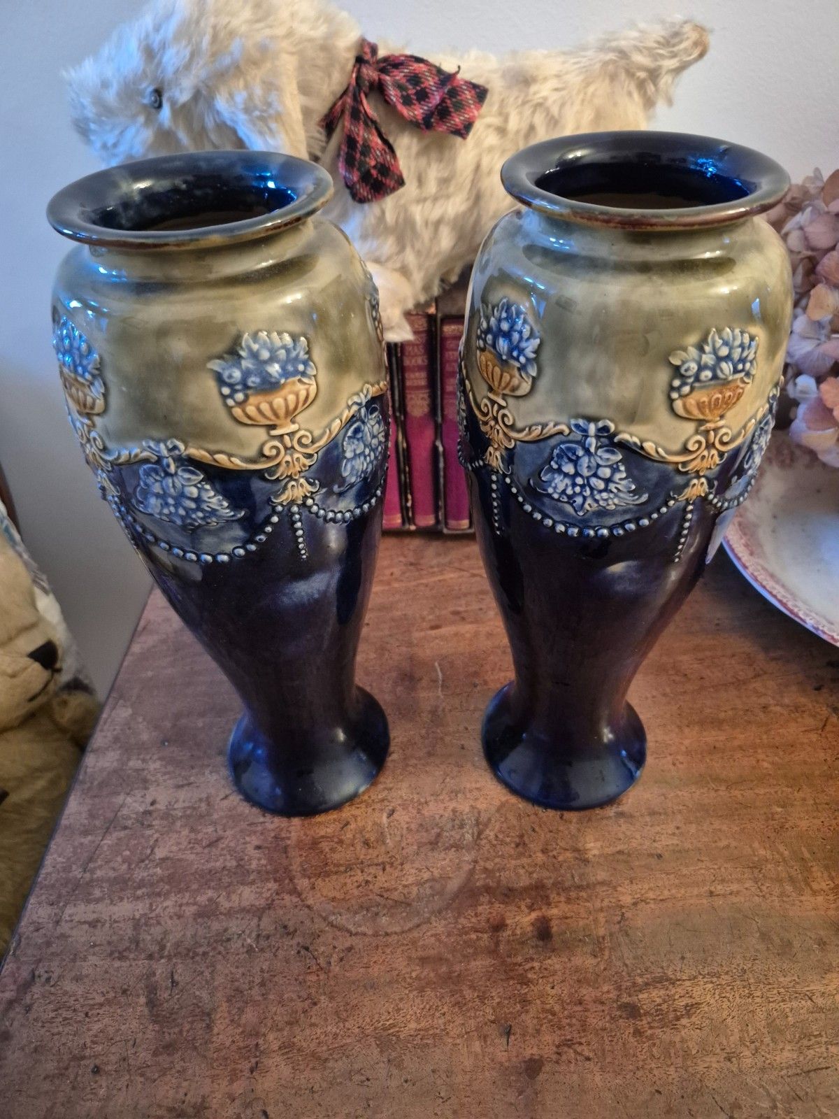 Victorian Pair Of  Royal Doulton Vases By Annie Partridge 30cm Pattern 6698 photo vintage