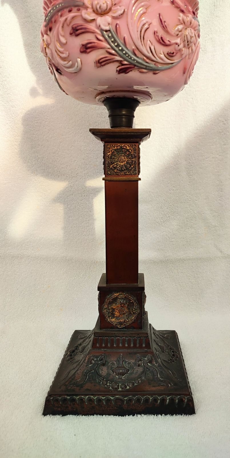 Stunning And Large Mid Victorian Cranberry Glass Oil Lamp, Duplex Wicks photo for sale