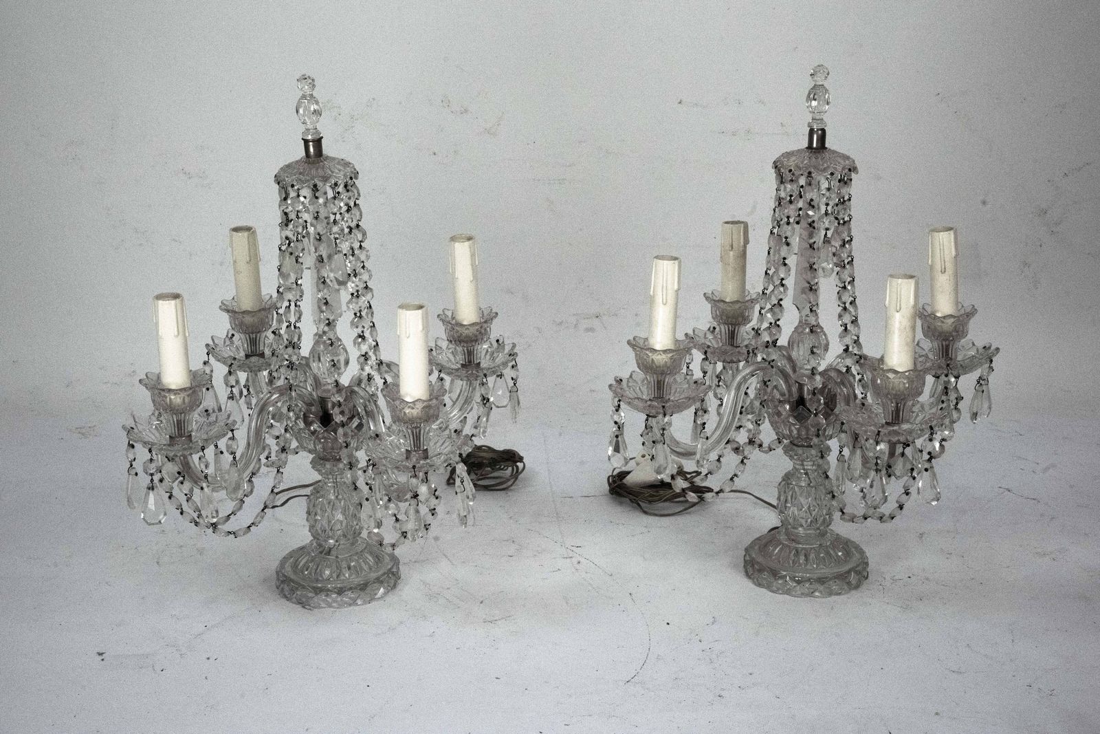 Maria Theresa Crystal Candelabra Table Lamps. Set Of Two. Italy 1940s