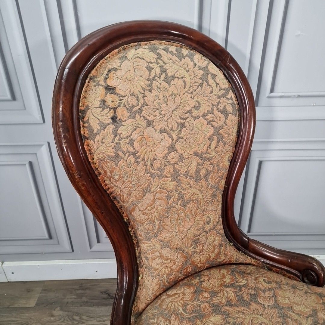 Antique Victorian Lounge Chair Spoon Back Fireside Carved Nursing Seat Wooden photo for sale