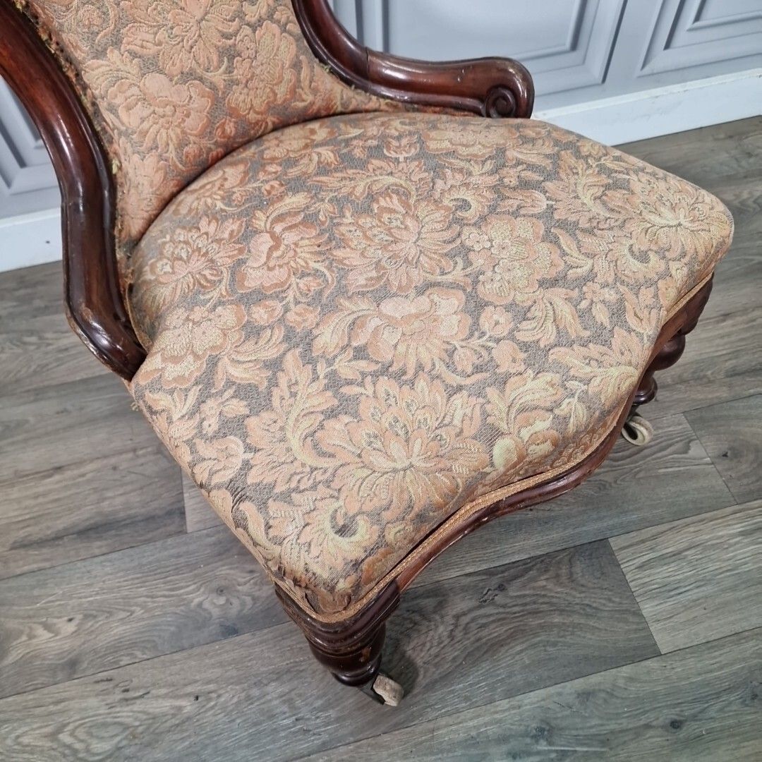 Antique Victorian Lounge Chair Spoon Back Fireside Carved Nursing Seat Wooden photo Furniture
