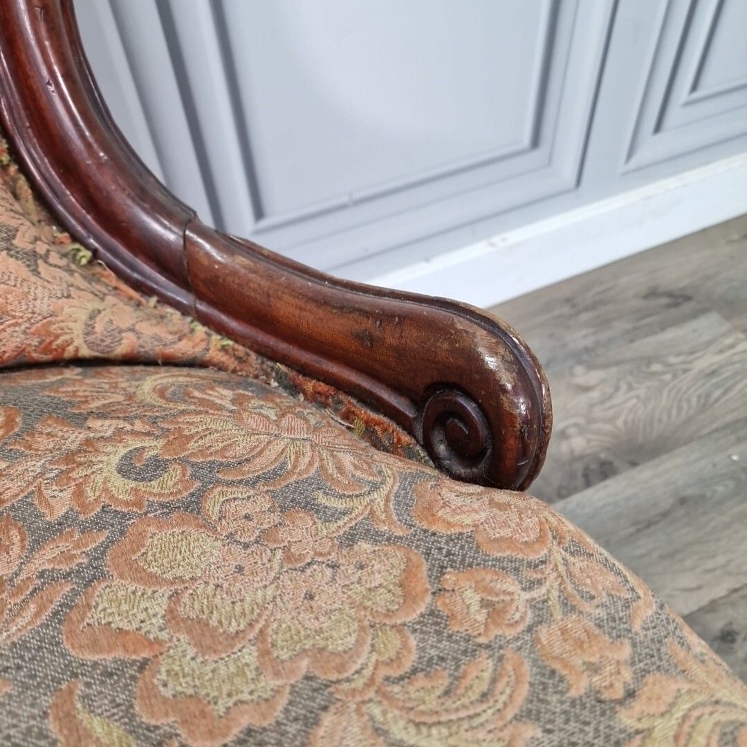 Antique Victorian Lounge Chair Spoon Back Fireside Carved Nursing Seat Wooden photo vintage