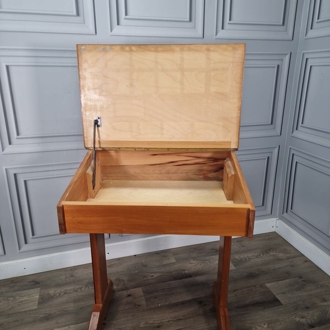 photo vintage Vintage Wooden Child's Desk Lift Up School Writing Bench Seat Chair Children's