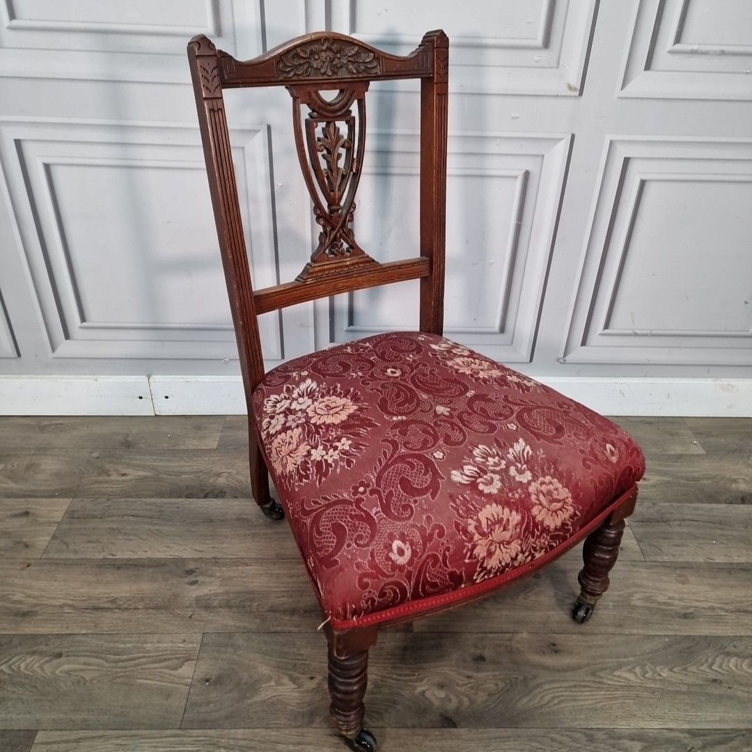 Antique Mahogany Bedroom Chair Turned Wood Carved Floral Back Upholstered Seat photo furniture
