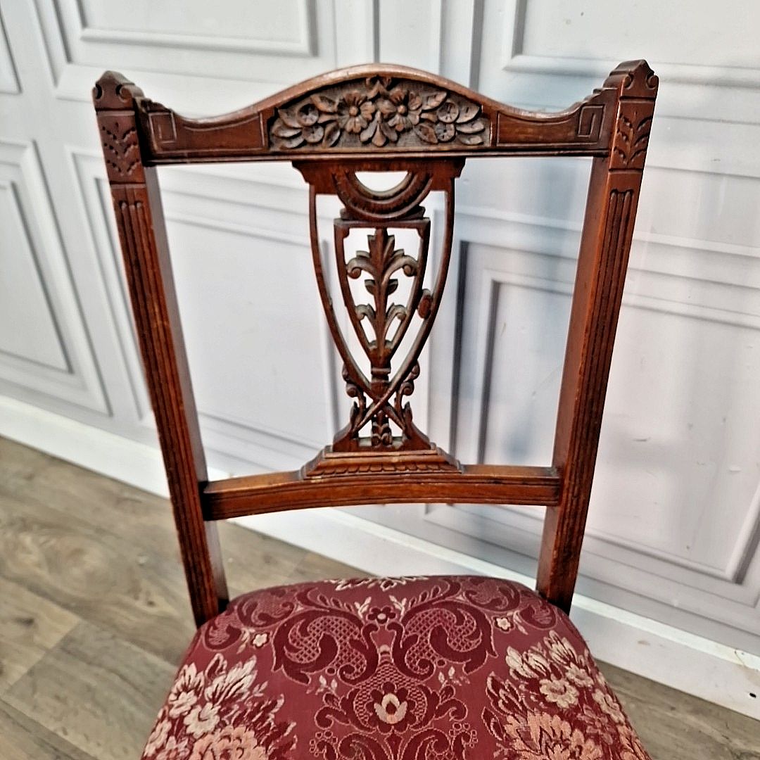 Antique Mahogany Bedroom Chair Turned Wood Carved Floral Back Upholstered Seat photo 130.0