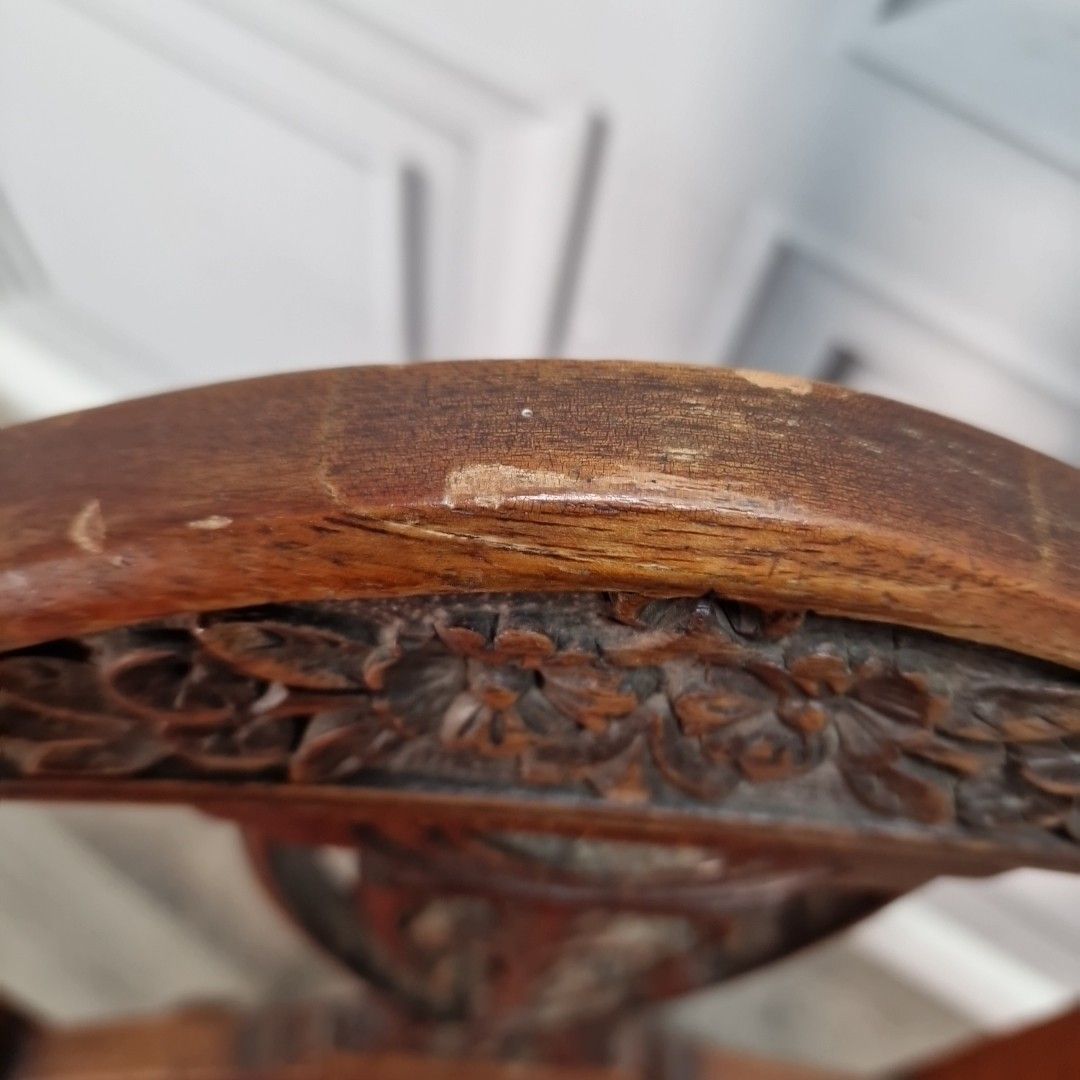 Antique Mahogany Bedroom Chair Turned Wood Carved Floral Back Upholstered Seat photo buy