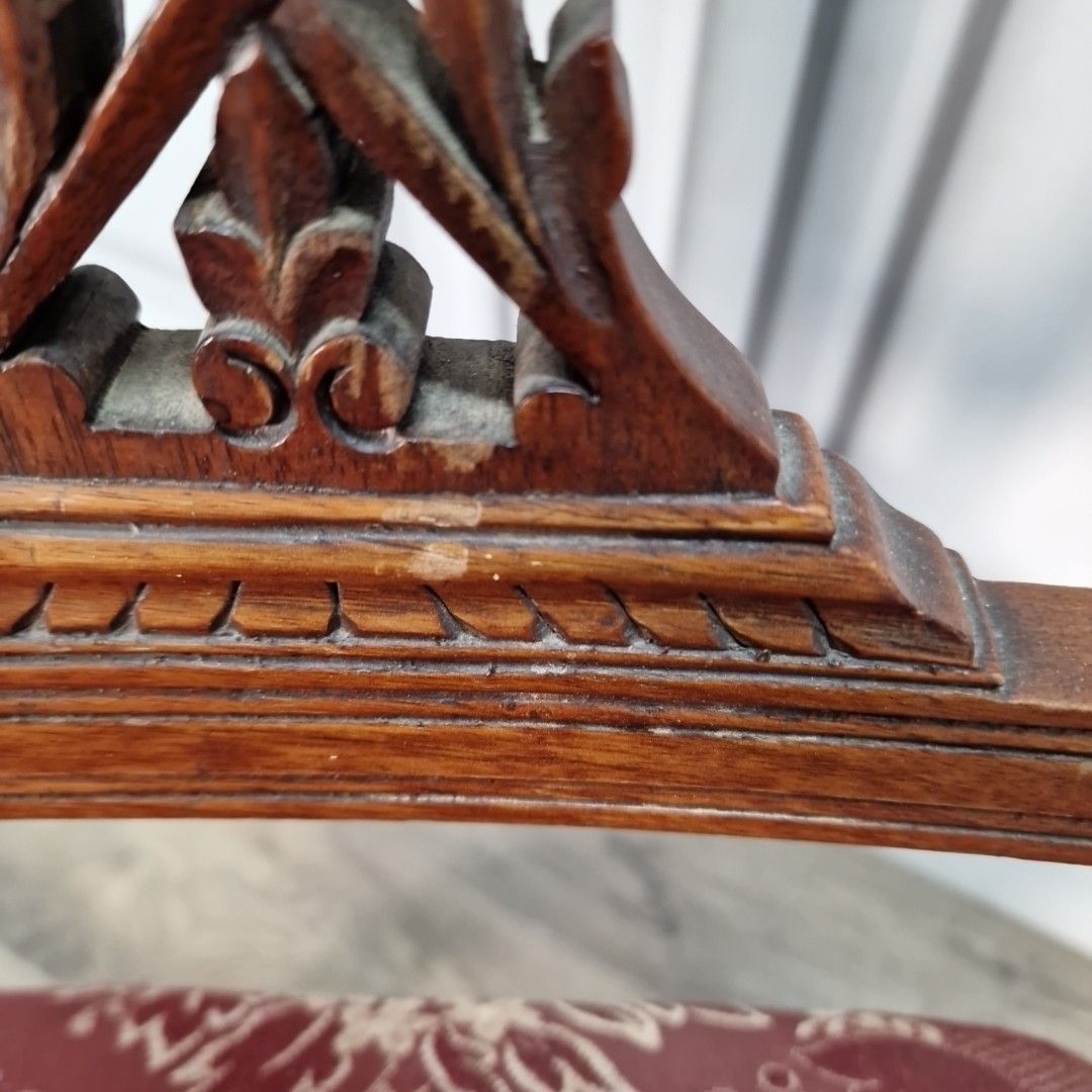 photo furniture Antique Mahogany Bedroom Chair Turned Wood Carved Floral Back Upholstered Seat