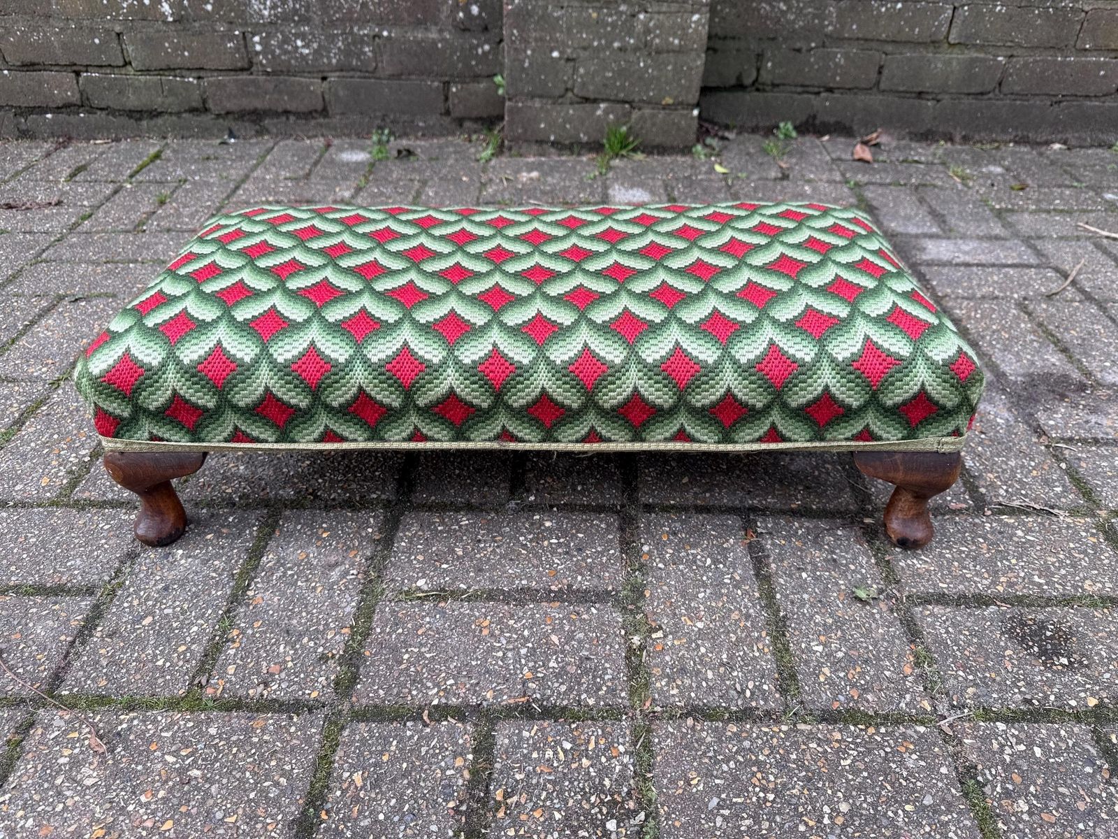 Striking And Bold Vintage Upholstered Footstool With Cabriole Legs And Tapestry Fabric photo furniture
