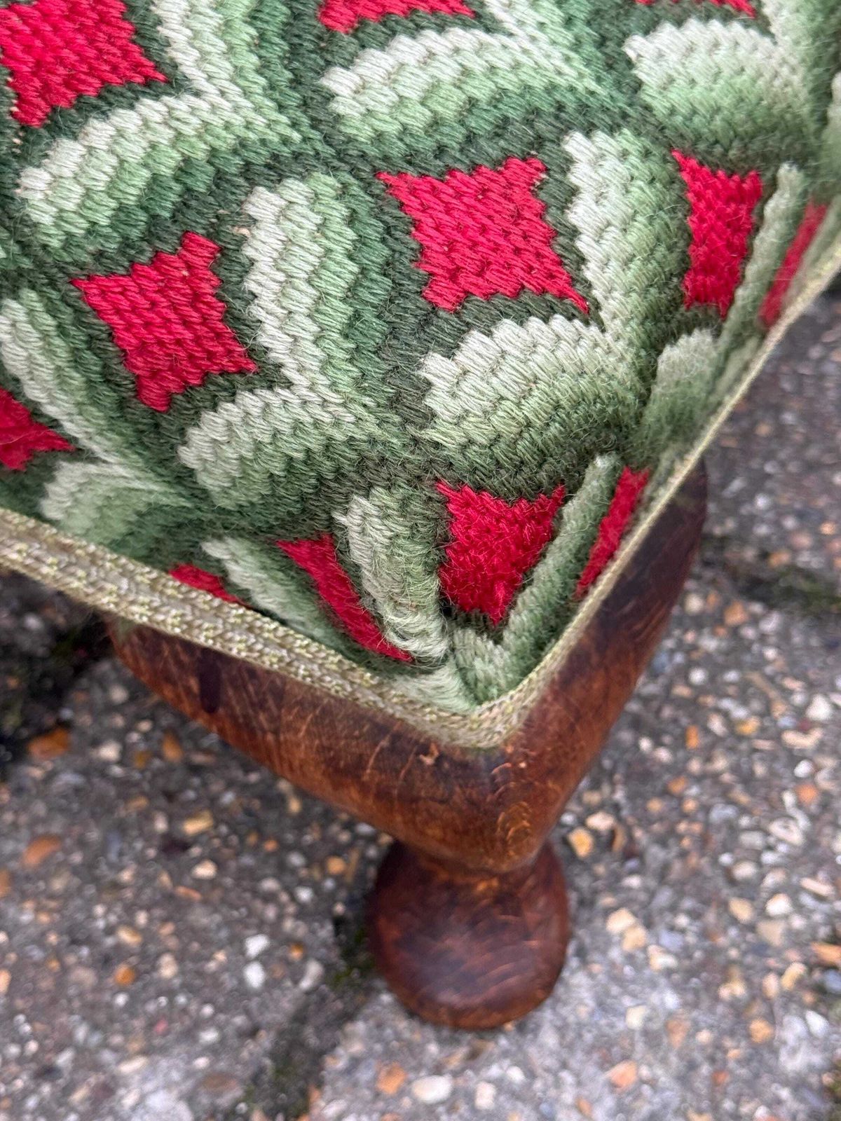 photo buy Striking And Bold Vintage Upholstered Footstool With Cabriole Legs And Tapestry Fabric