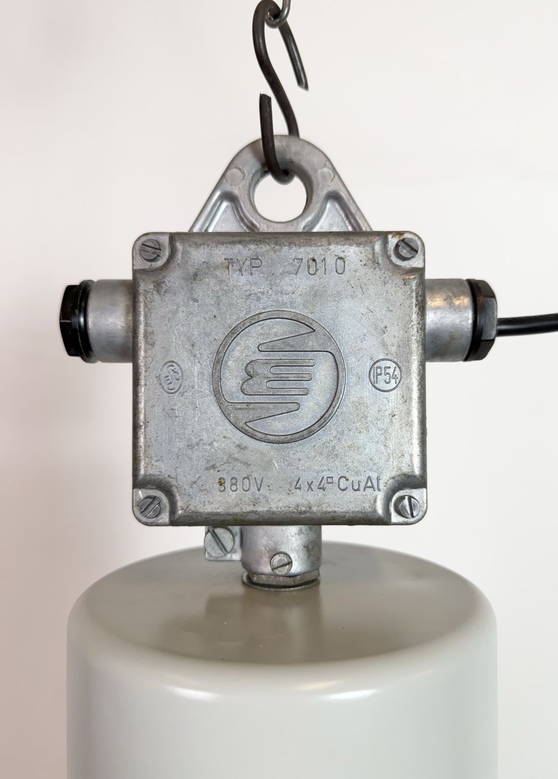 Large Industrial Black Enamel Factory Pendant Lamp With Glass Cover, 1960s, 20x photo vinterior