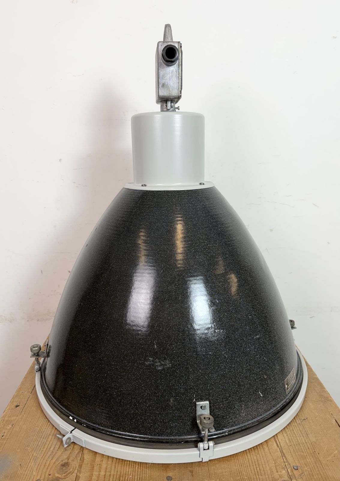 199.0 Large Industrial Black Enamel Factory Pendant Lamp With Glass Cover, 1960s, 20x photo