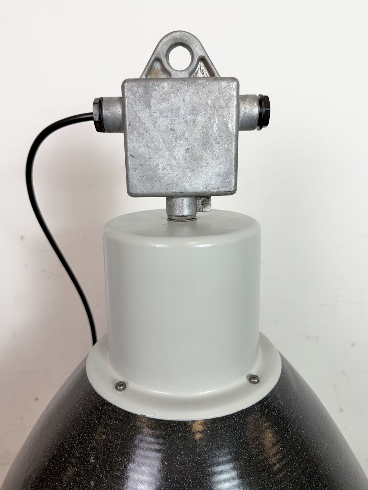 photo buy Large Industrial Black Enamel Factory Pendant Lamp With Glass Cover, 1960s, 20x
