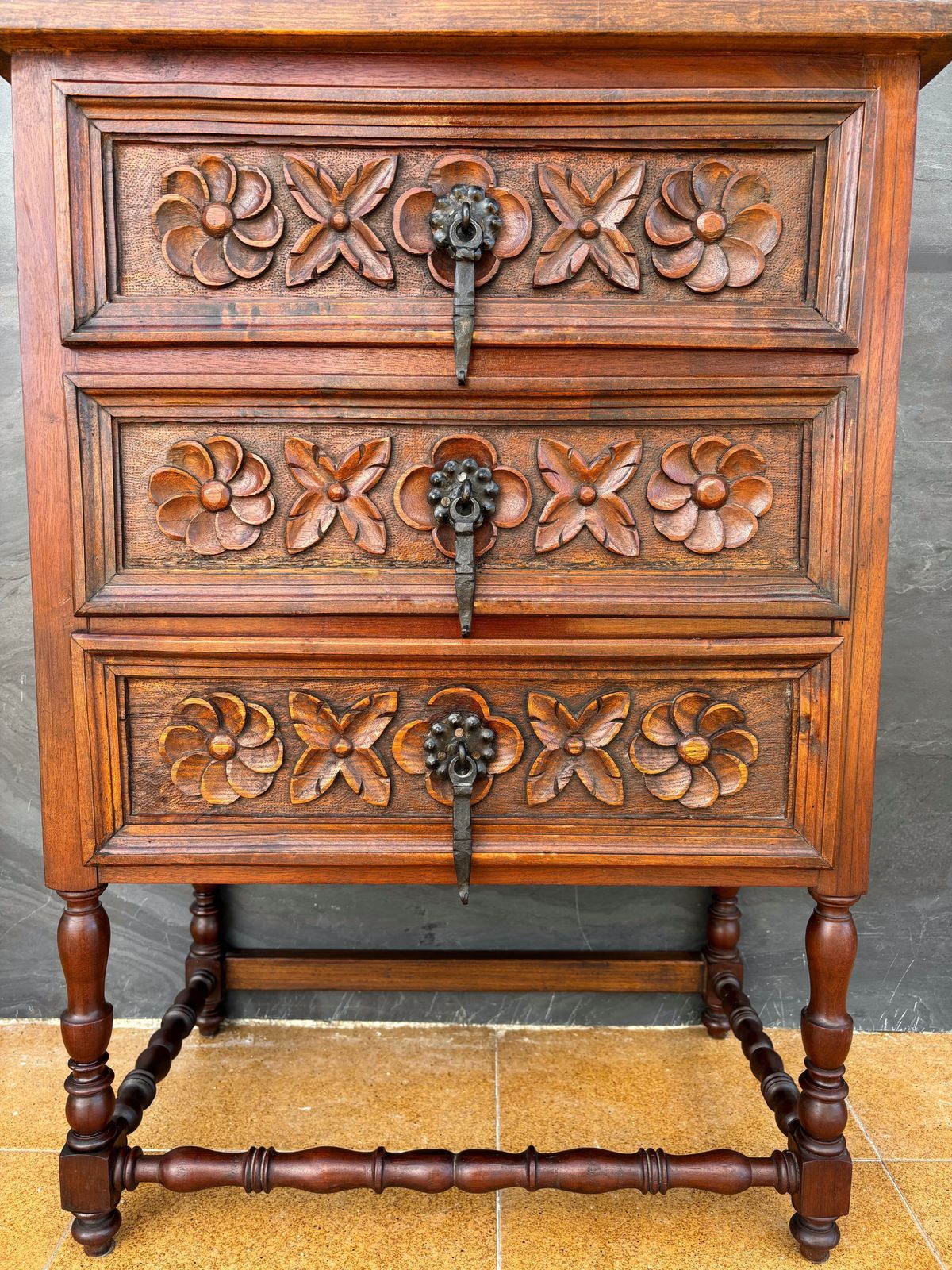 Spanish Renaissance Revival Oak Chest Of Drawers With Carved Floral Fronts, 1930 photo Furniture