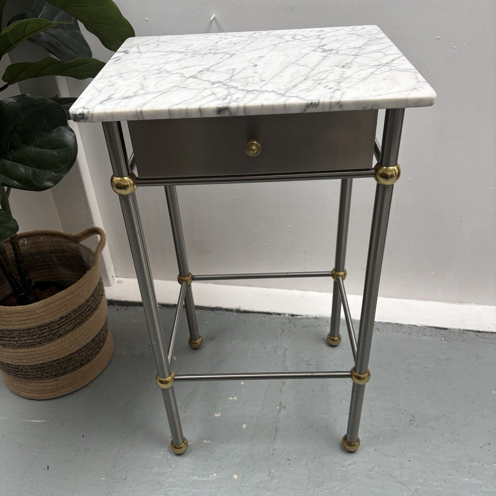 Vintage French 1970s Chrome, Brass & Marble Bedside Sofa End Side Table photo for sale