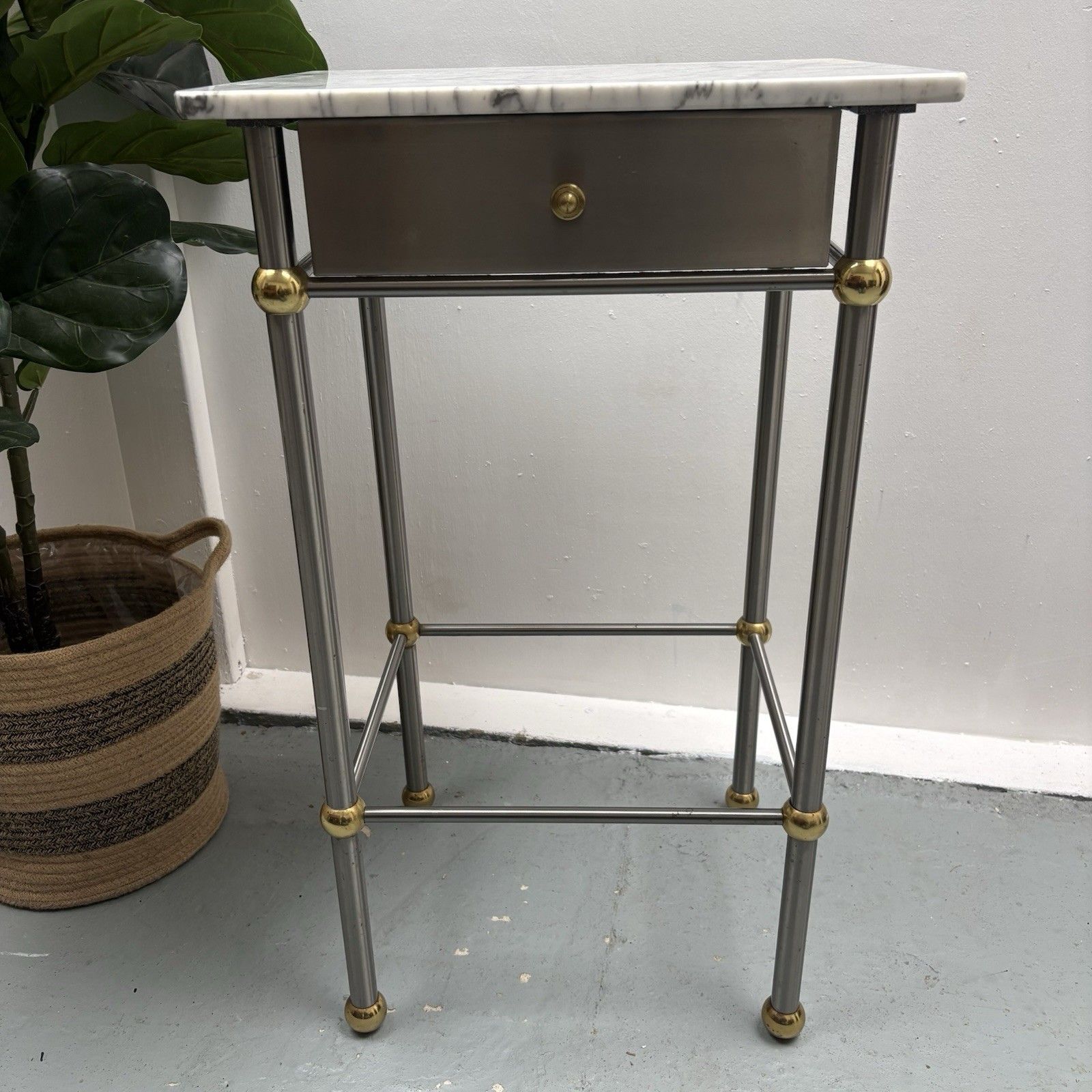 Vintage French 1970s Chrome, Brass & Marble Bedside Sofa End Side Table photo Furniture