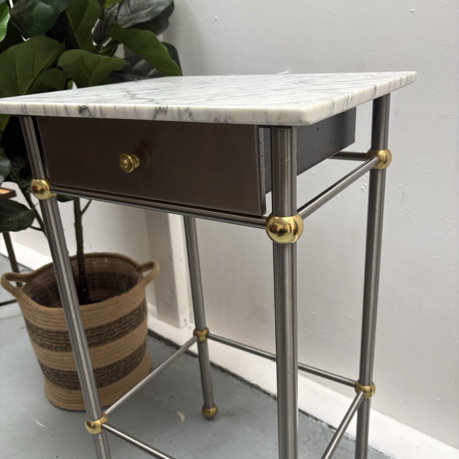 Vintage French 1970s Chrome, Brass & Marble Bedside Sofa End Side Table photo vintage