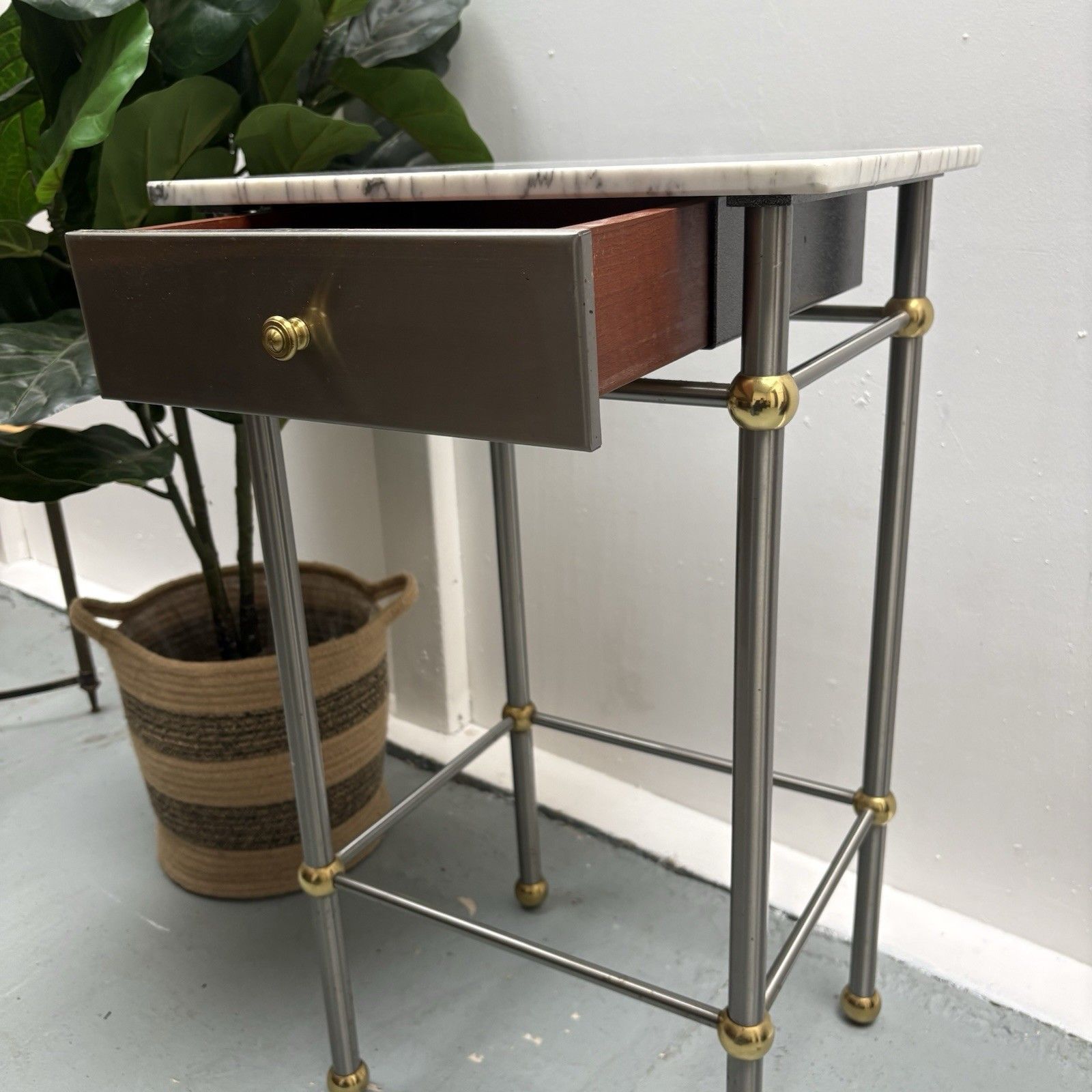 photo furniture Vintage French 1970s Chrome, Brass & Marble Bedside Sofa End Side Table