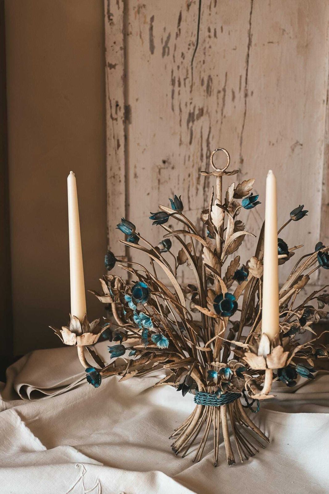 Vintage Italian Tole Candelabra With Turquoise Flowers   Repurposed Chandelier