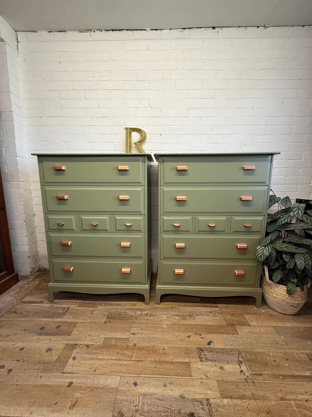Pair Of Stag Minstrel 7 Drawer Tallboys | Painted To Order In Farrow & Ball Olive photo furniture