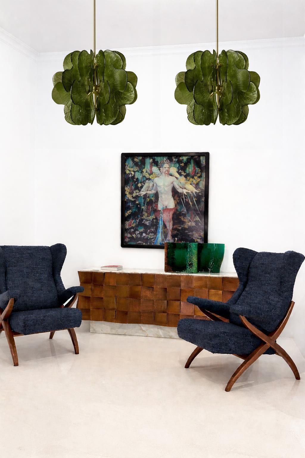 Modern Style Italian Brass Pendant Lamp With Bright Green Murano Glass Sheets photo vintage